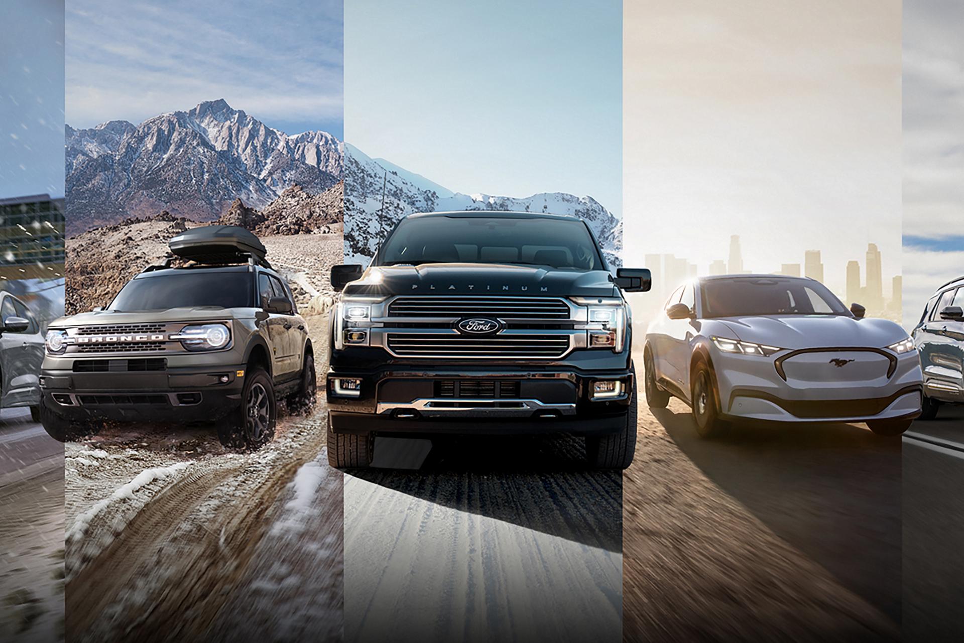 Line up of Ford vehicles
