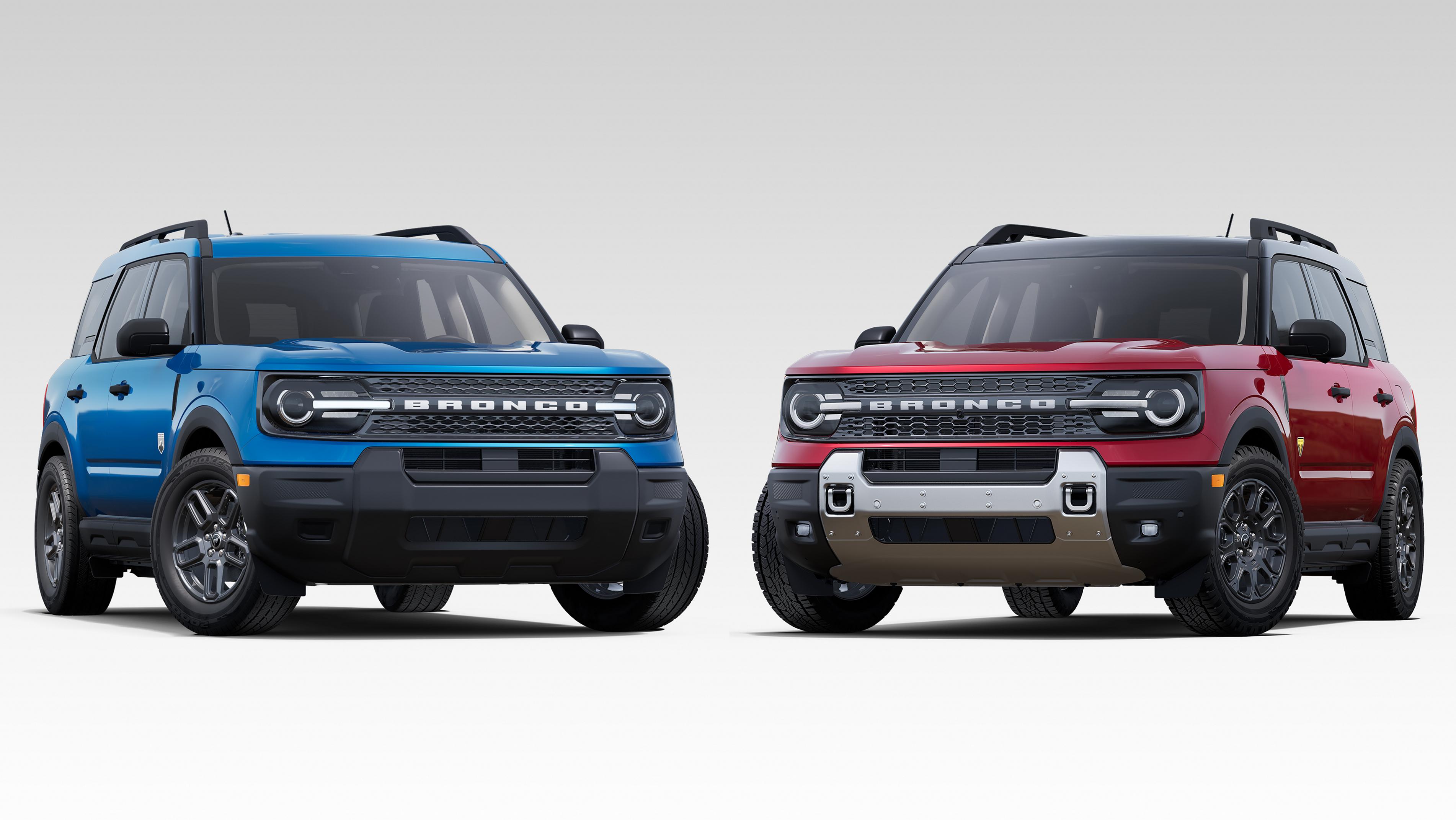 Two 2025 Ford Bronco Sport® vehicles parked side by side shown in Blue and Red