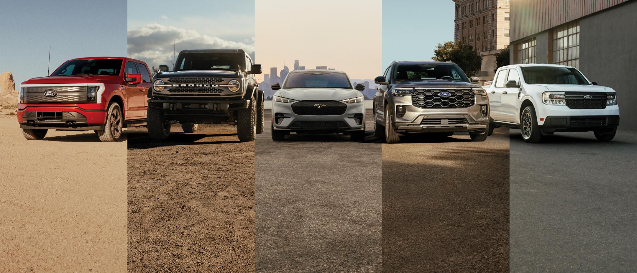 A pack shot of Ford vehicles including F-150 Lightning®, Bronco®, Mustang Mach-E®, Explorer®, and Maverick®
