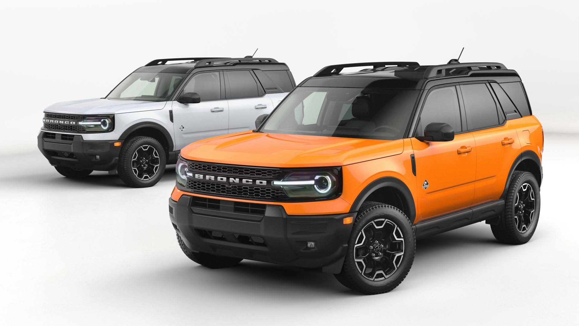 Two 2026 Ford Bronco Sport® SUV vehicles parked side by side, one is Orange Fury Metallic and the other is Space White Metallic
