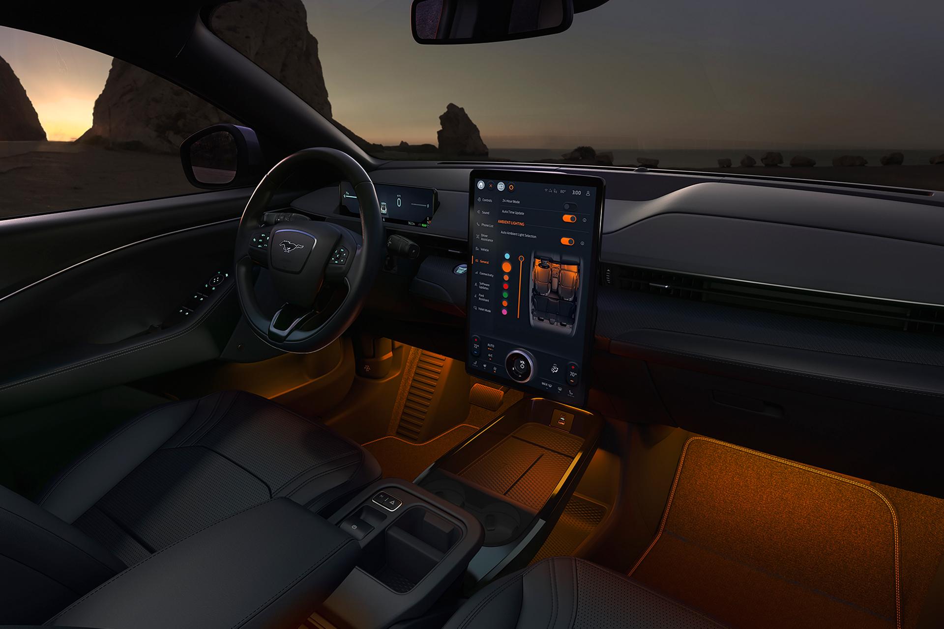 Interior of a 2025 Ford Mustang Mach-E® with ambient lighting