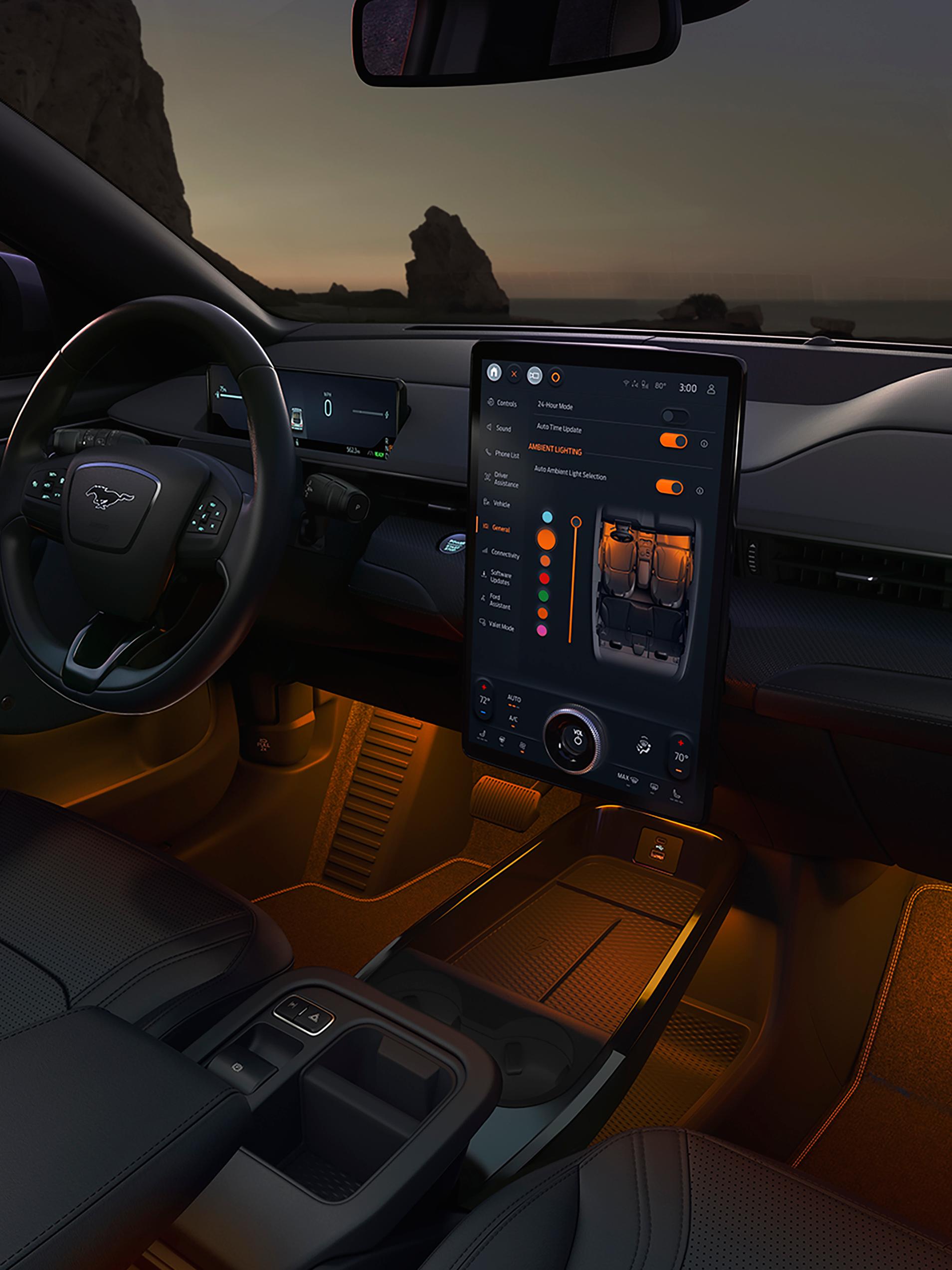 Interior of a 2025 Ford Mustang Mach-E® with ambient lighting