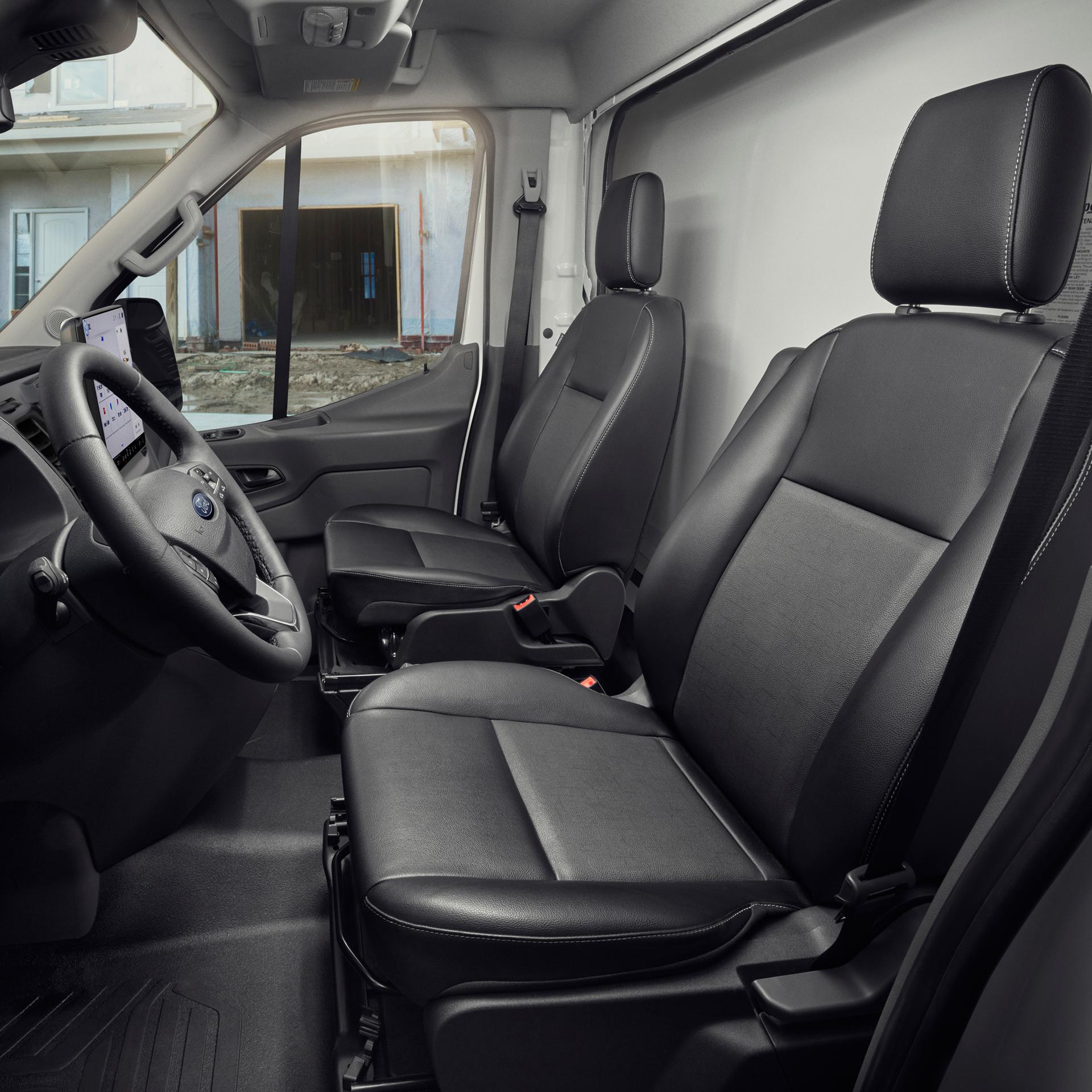 Interior of a 2027 Ford Transit® Van showing Dark Palazzo Grey vinyl seats, steering wheel, and dashboard