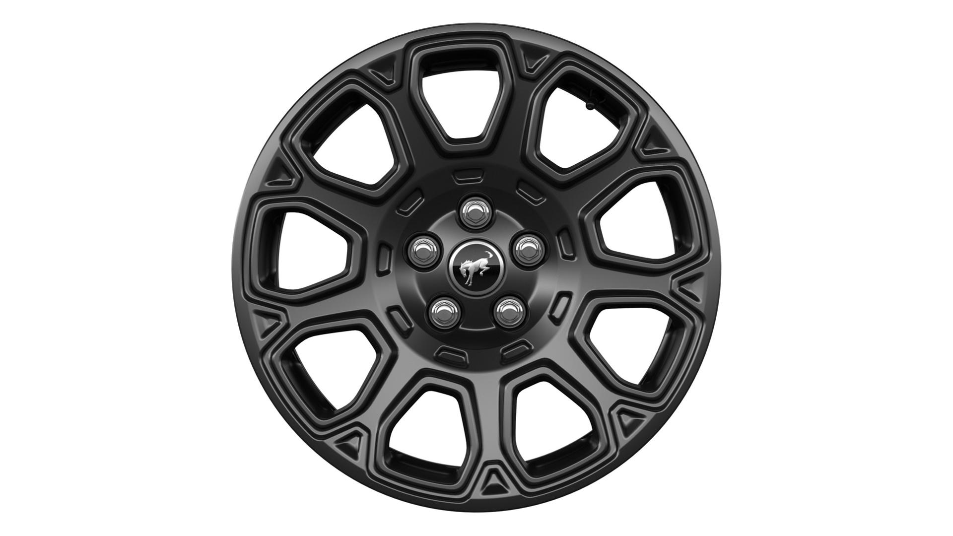 A 17-inch Matte Black-painted aluminum wheel a white background