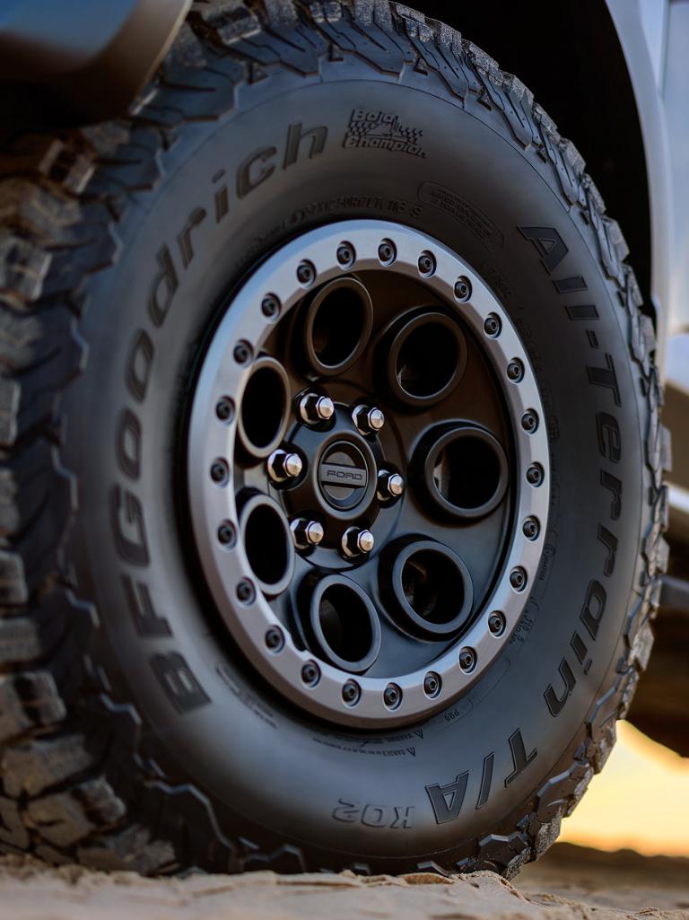 Close-up of the 37-inch wheel and all-terrain tires of a 2026 F-150® Raptor® truck