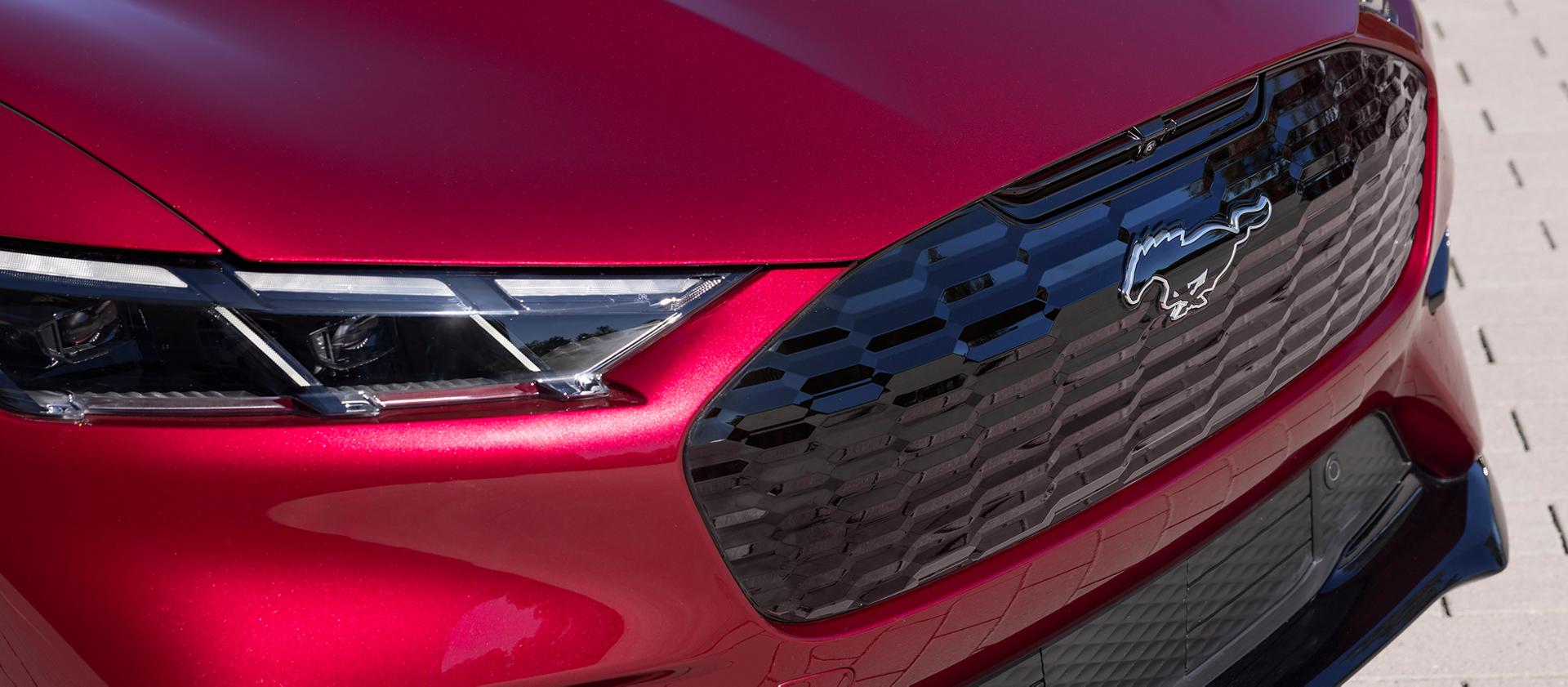 Close-up of the grille and pony badge on the 2025 Ford Mustang Mach-E®
