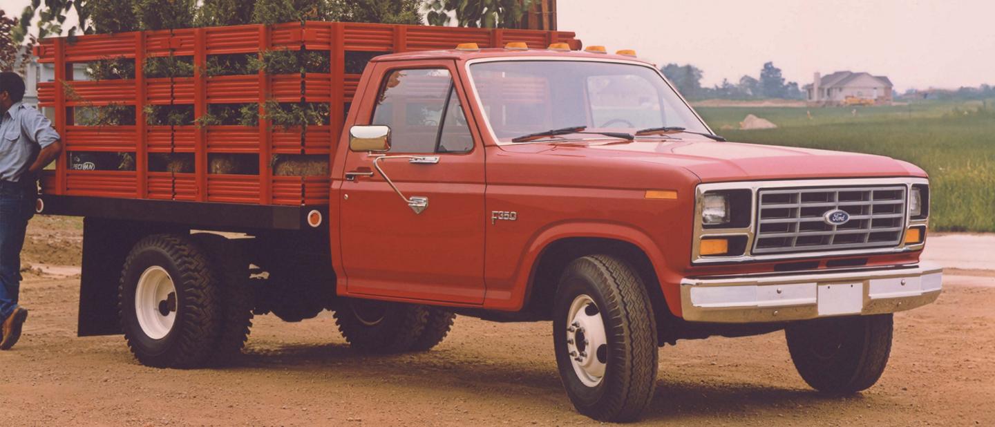 1983 F-150 chassis cab loaded with trees.