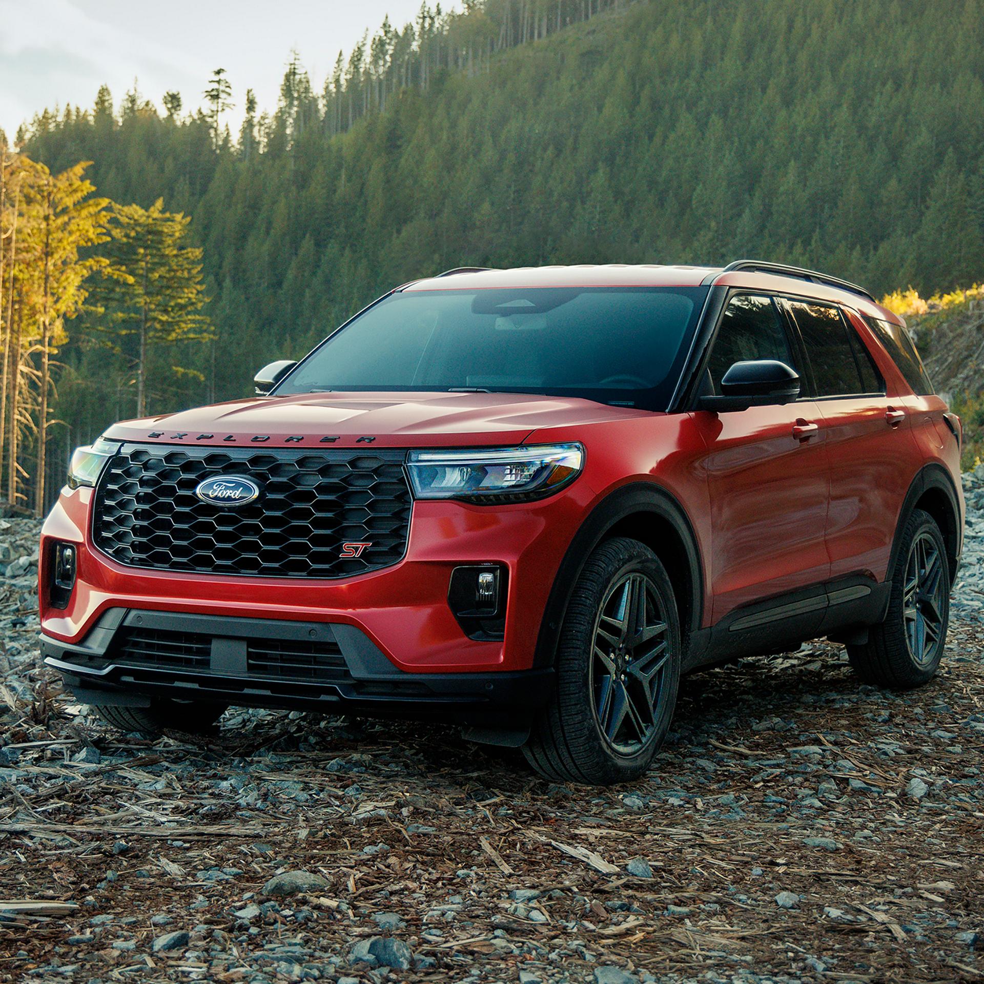 A red 2026 Ford Explorer® parked outside on a fall day