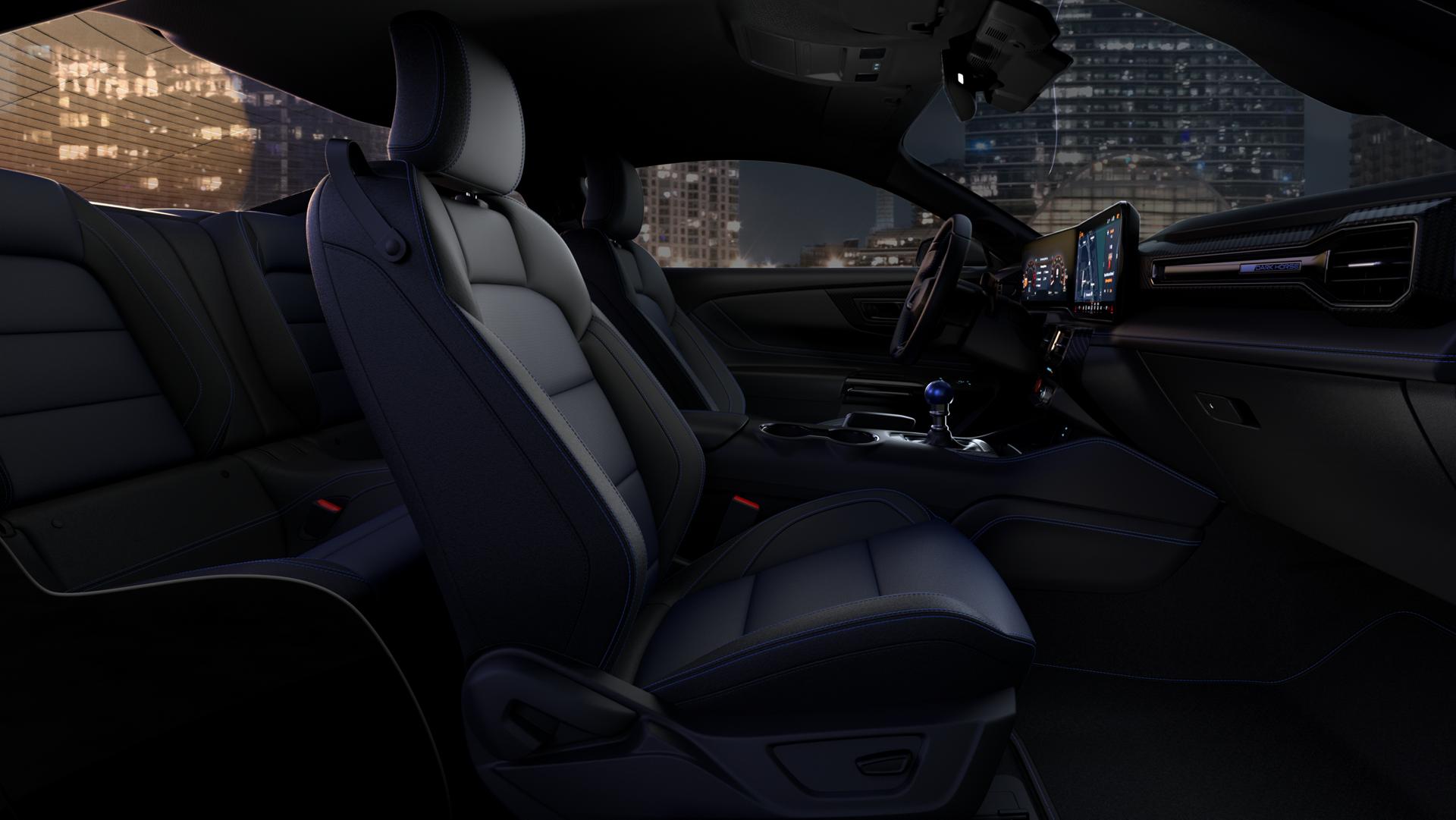 2025 Ford Mustang® Dark Horse™ interior showing the available black cloth with blue accents interior environment