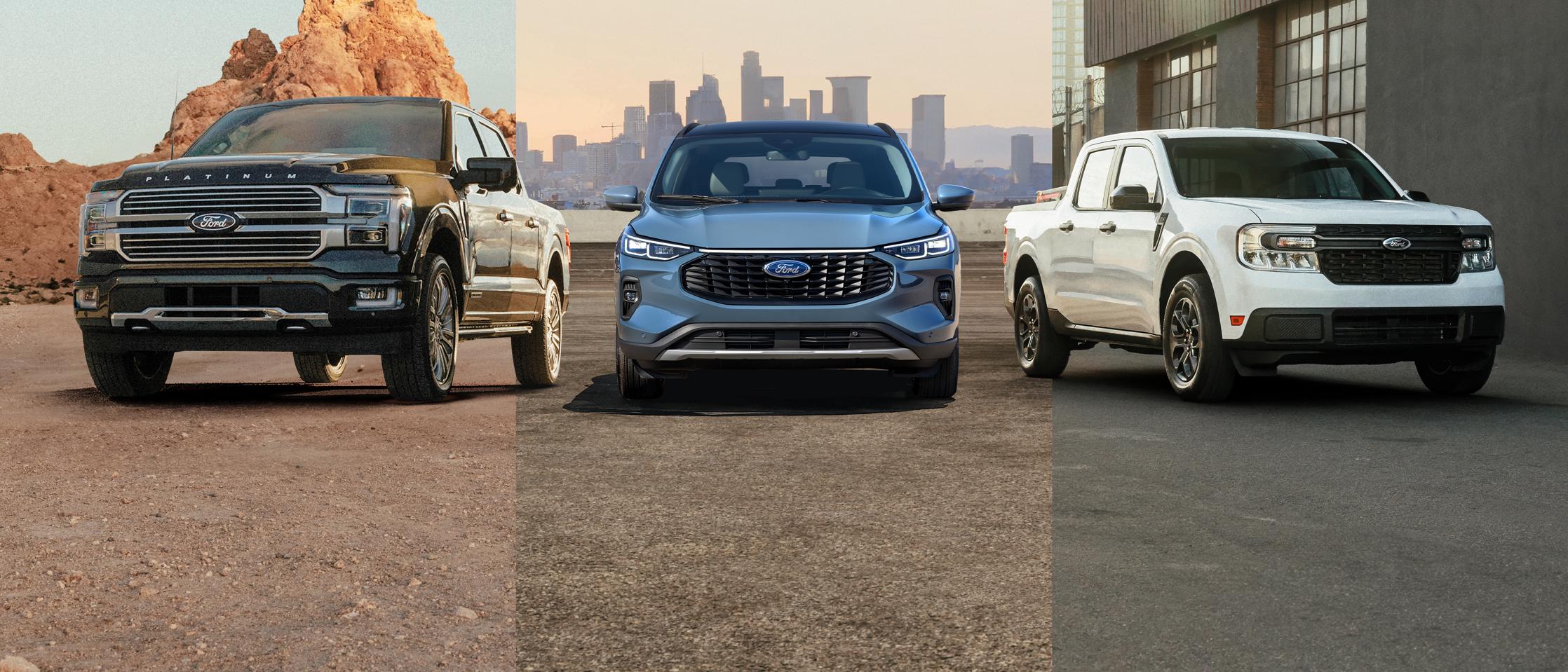 Ford vehicle lineup featuring F-150, Escape, & Maverick