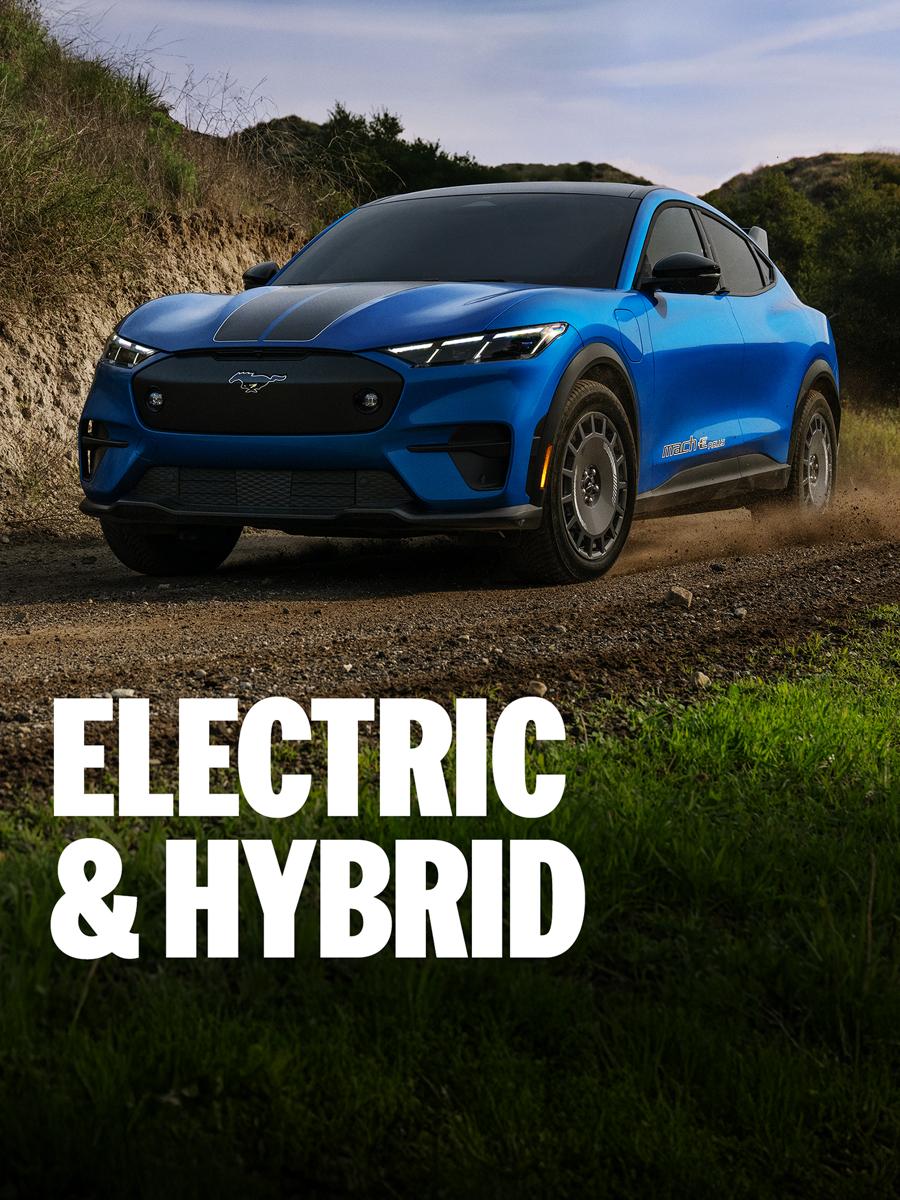 F-150 Lightning and Mustang Mach-E driving on a dirt trail. "Electric and Hybrid"