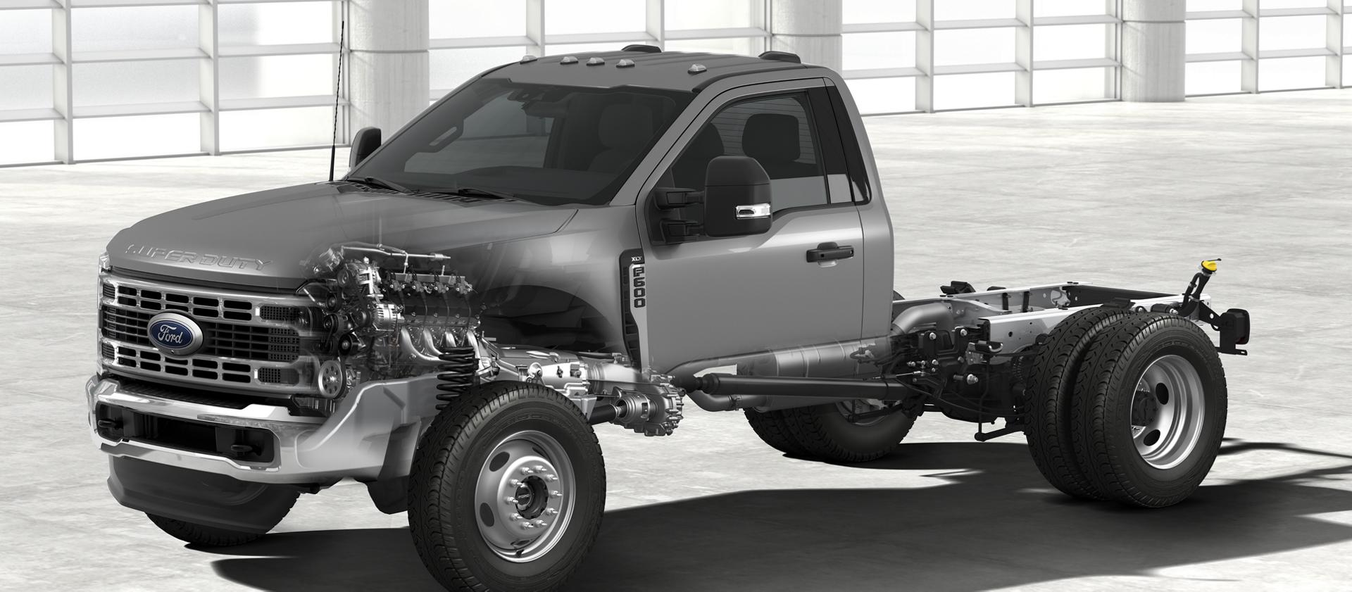 Cutaway illustration of a 2026 Ford Super Duty® Chassis Cab showing engine and drivetrain