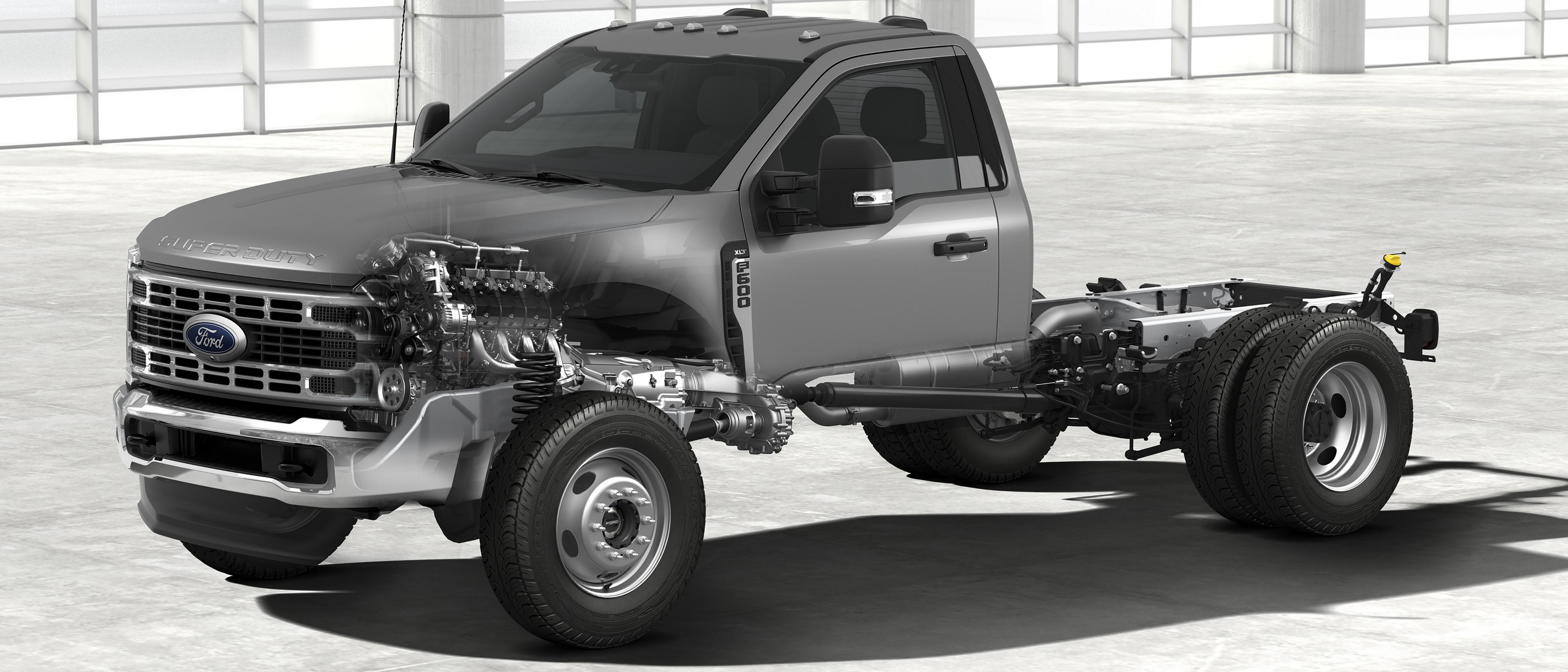 Cutaway illustration of a 2026 Ford Super Duty® Chassis Cab showing engine and drivetrain