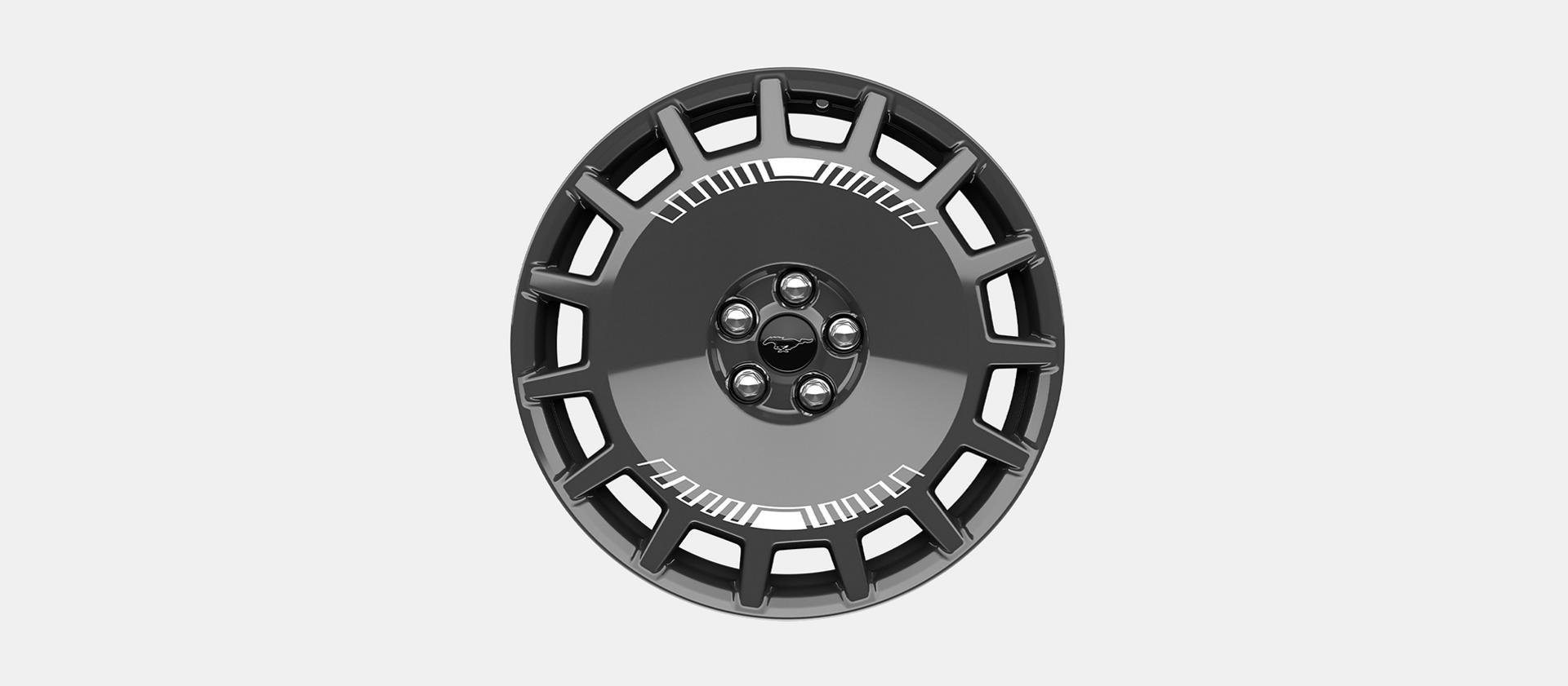 19" high-gloss Dark Carbonized grey wheels with white-printed graphics