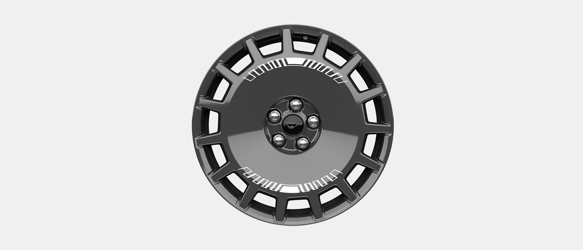 19" high-gloss Dark Carbonized grey wheels with white-printed graphics
