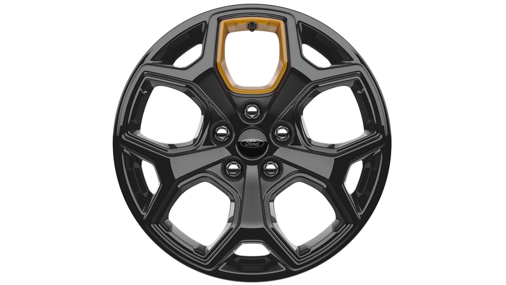 An 18-inch High Gloss Ebony Black-painted aluminum wheel with Tremor Orange accents on a white background