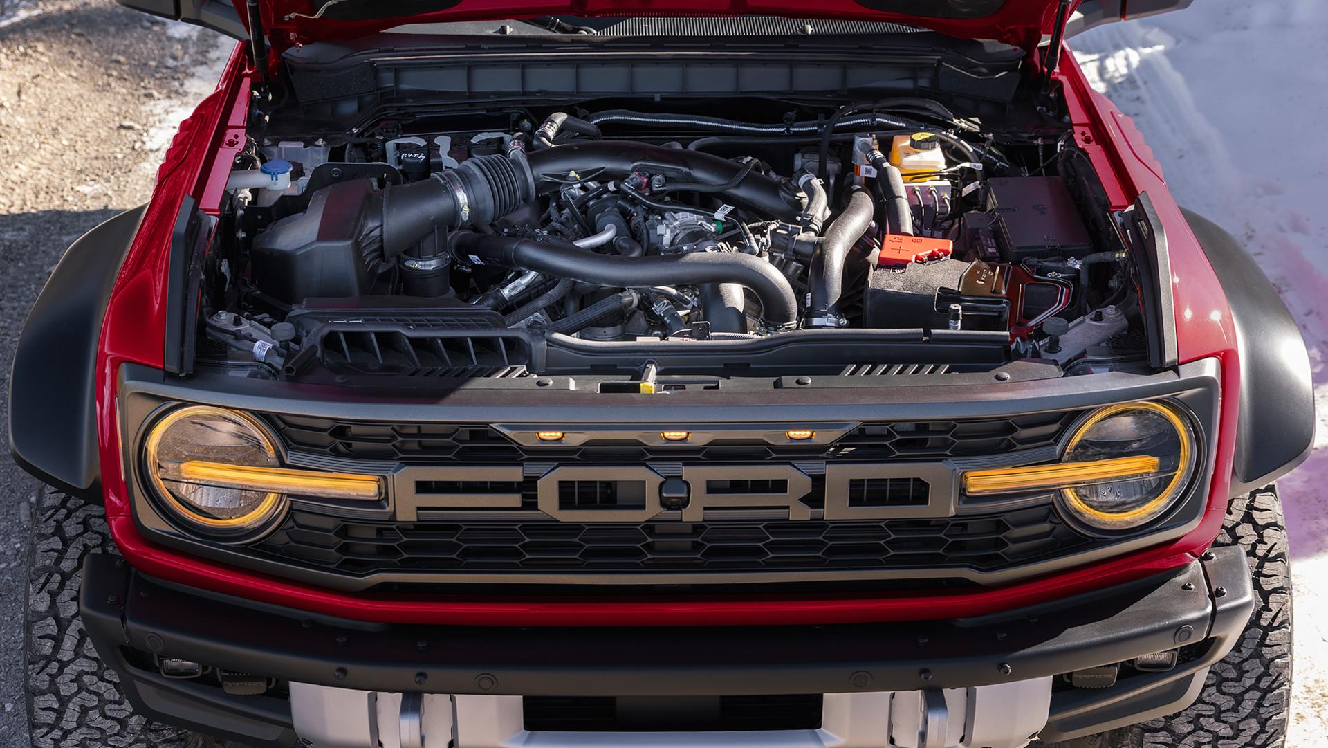 A 2026 Ford Bronco® SUV with the hood up, showing the engine