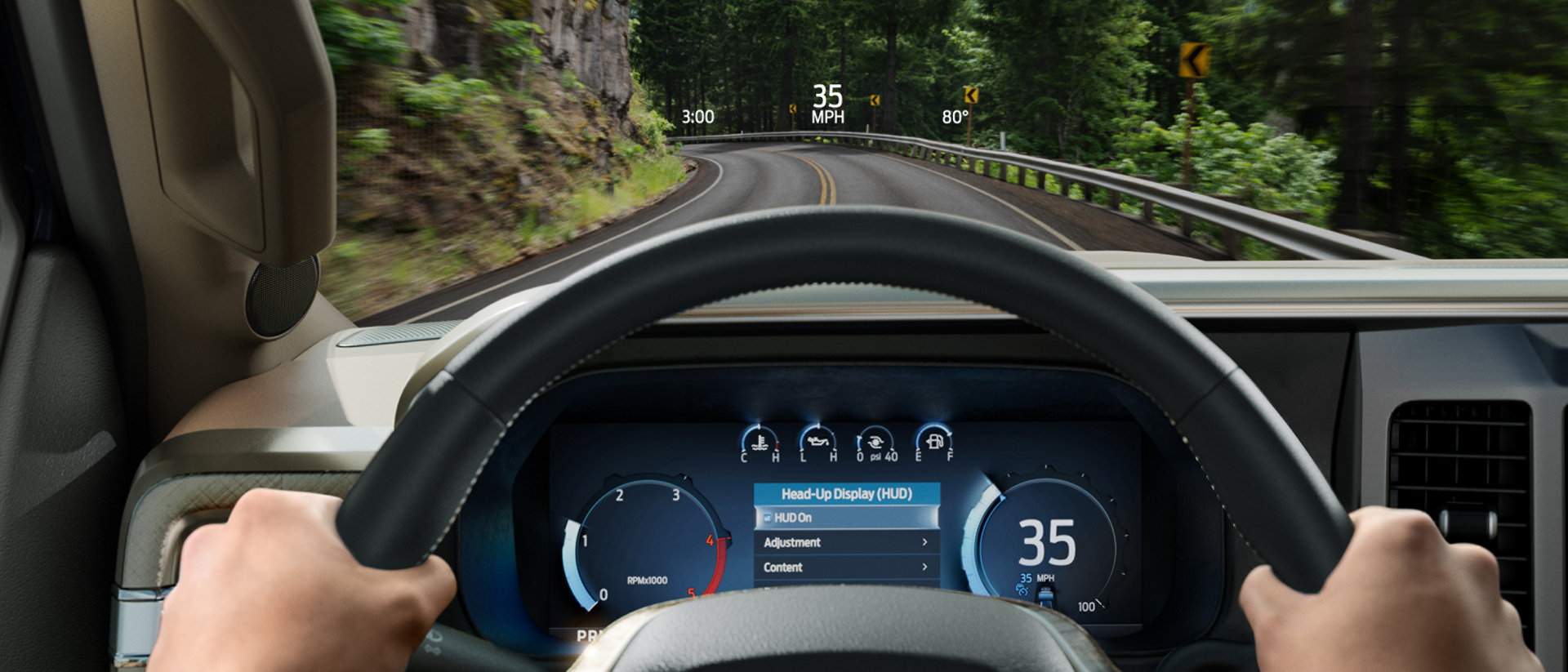 A person driving their 2027 Ford Super Duty® truck from their point of view while using the head-up display feature