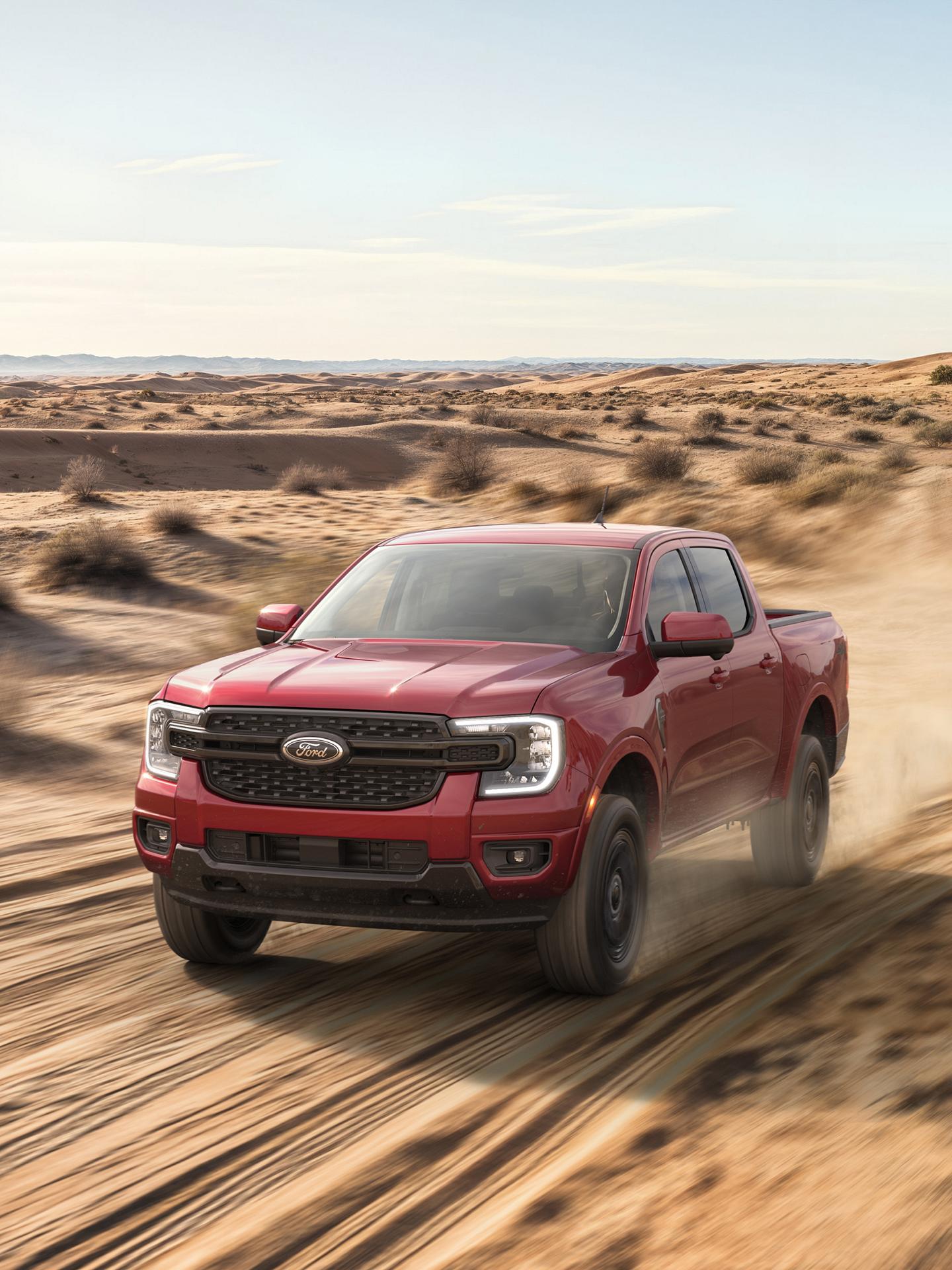 2026 Ford Ranger® Lariat® model with the Black Appearance Package being driven in a desert