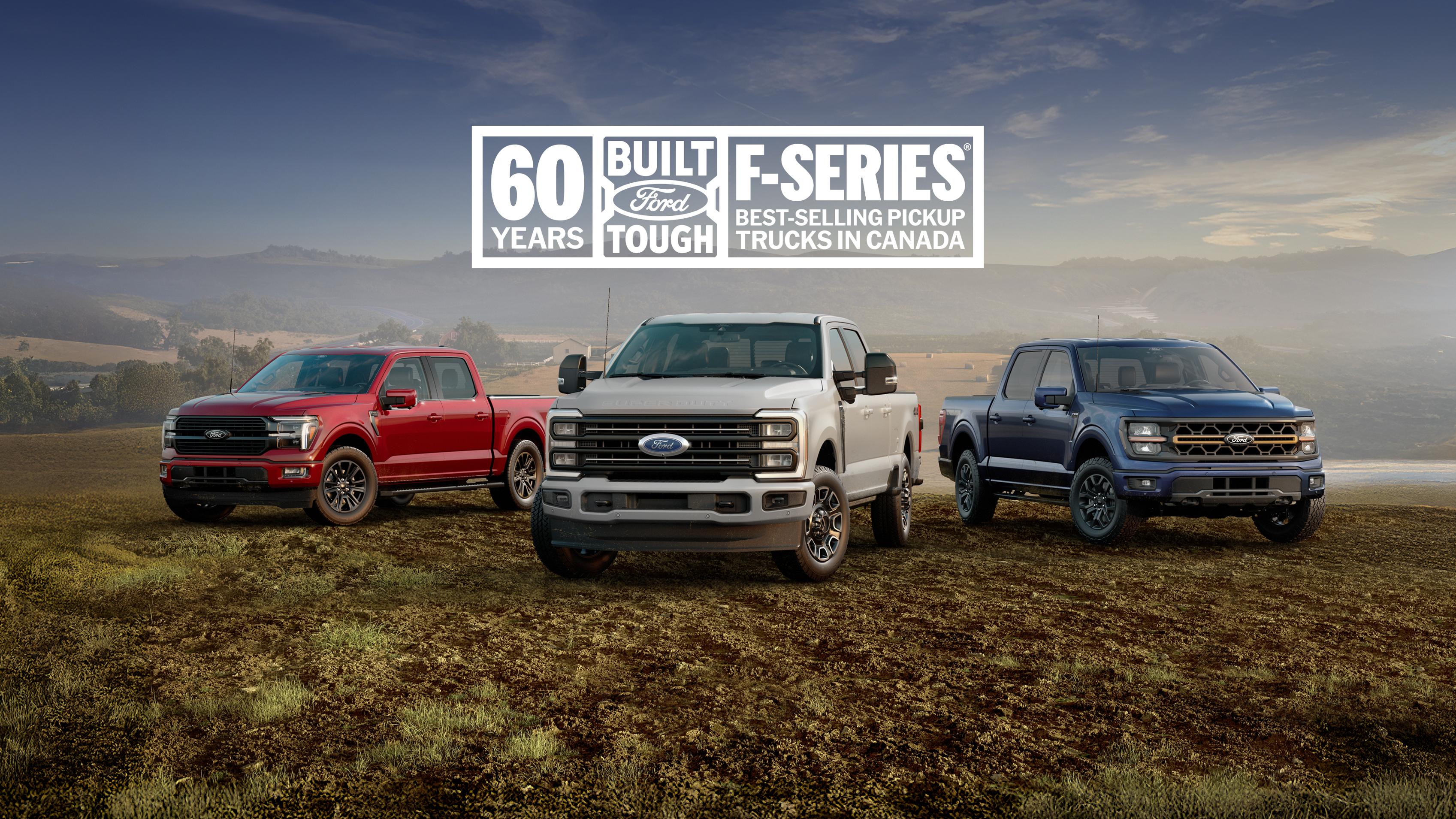 A pack shot of three F-Series trucks parked in a field. Image text reads: 60 years. Built Ford tough. F-Series best-selling pickup trucks in Canada.