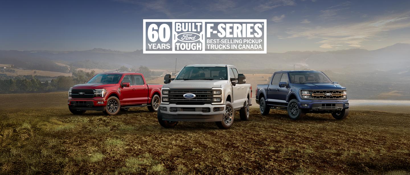A pack shot of three F-Series trucks parked in a field. "60 Years. Built Ford Tough. F Series Best Selling Pickup Trucks in Canada."
