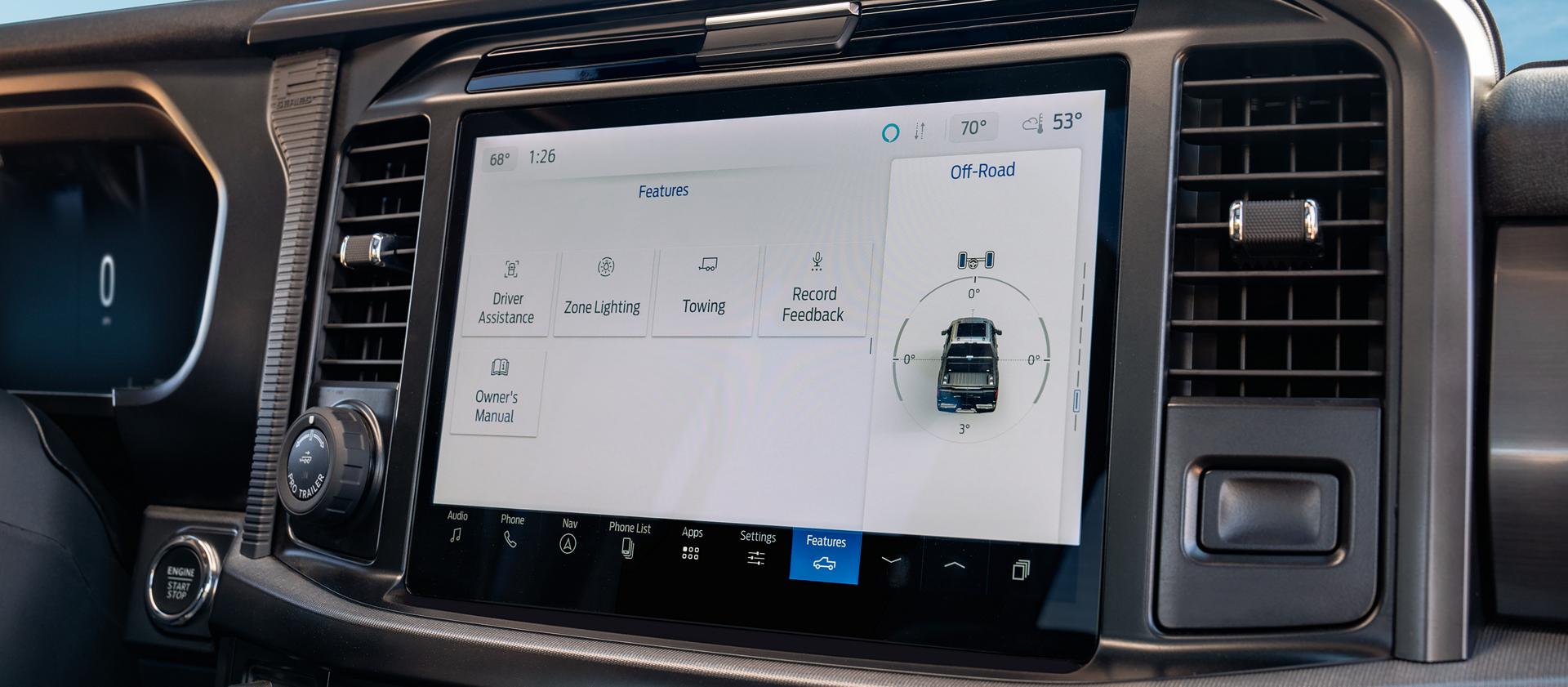 Close-up of the 12-inch center display of a 2026 Ford F-150® pickup