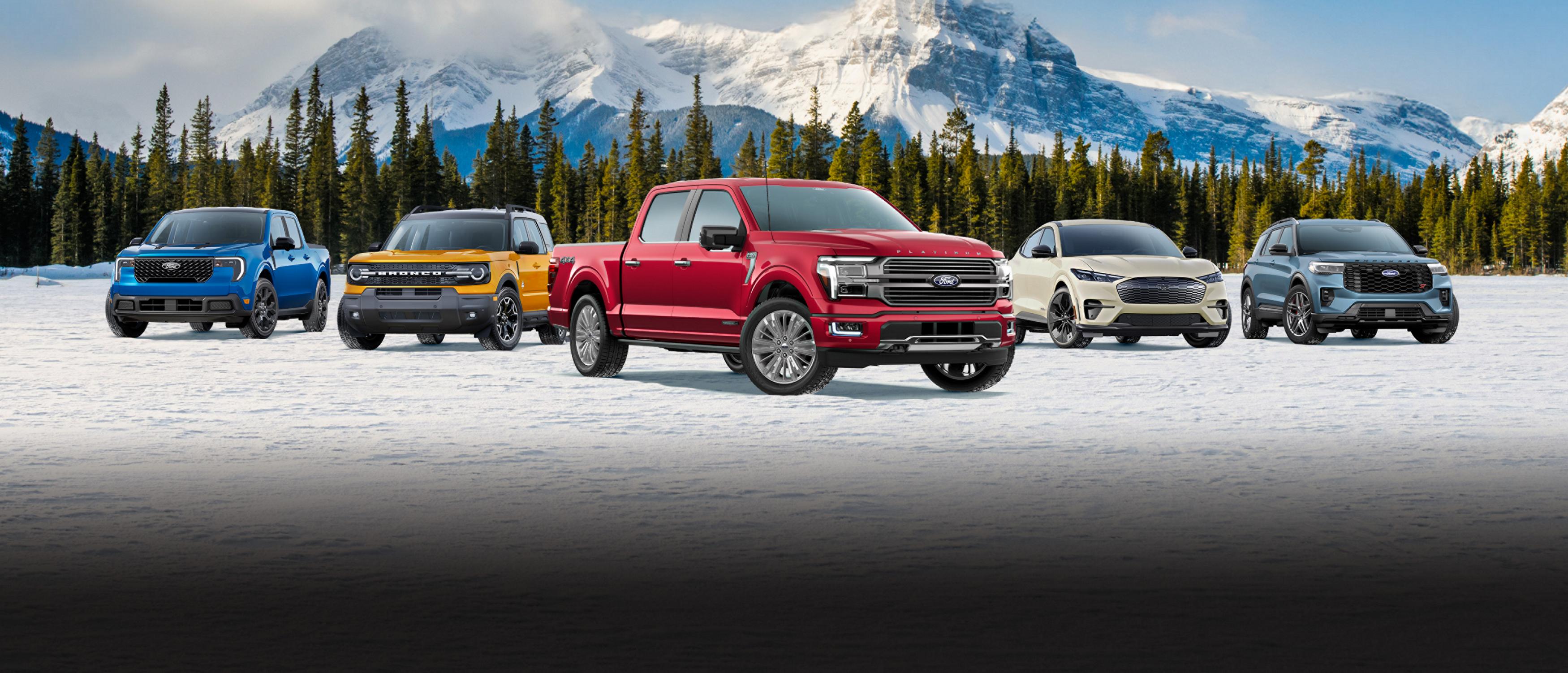 The lineup of Ford vehicles is shown from left to right: Maverick, Bronco Sport, F-150, Mach-E, and Explorer. 
