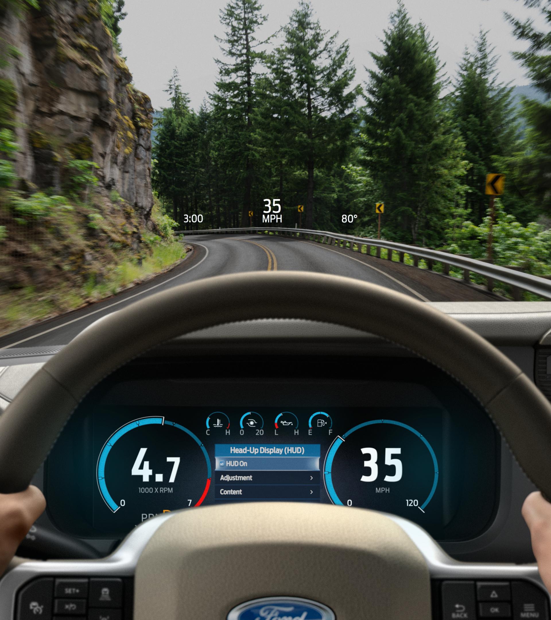 Driver perspective view of Head-Up Display feature showing the speed on to the windshield