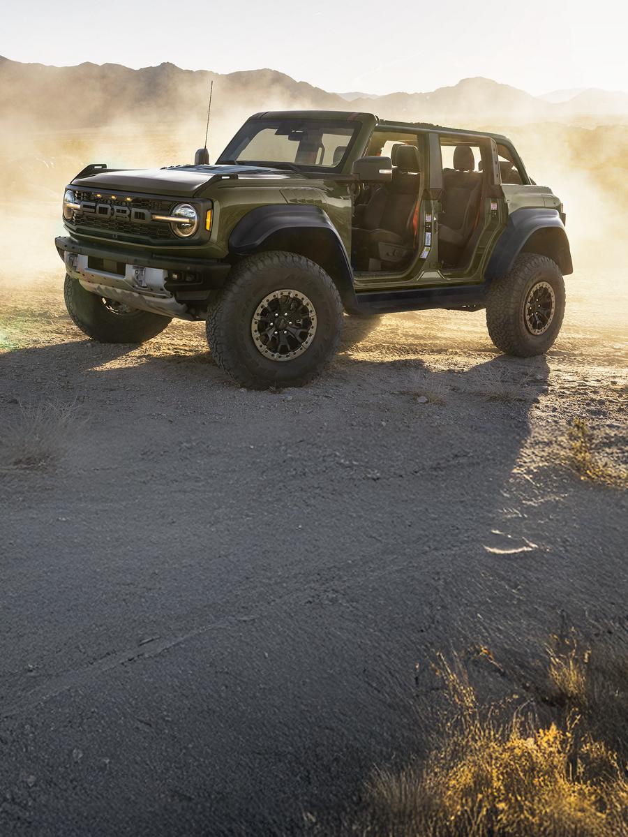 Bronco Raptor with doors and roof removed.