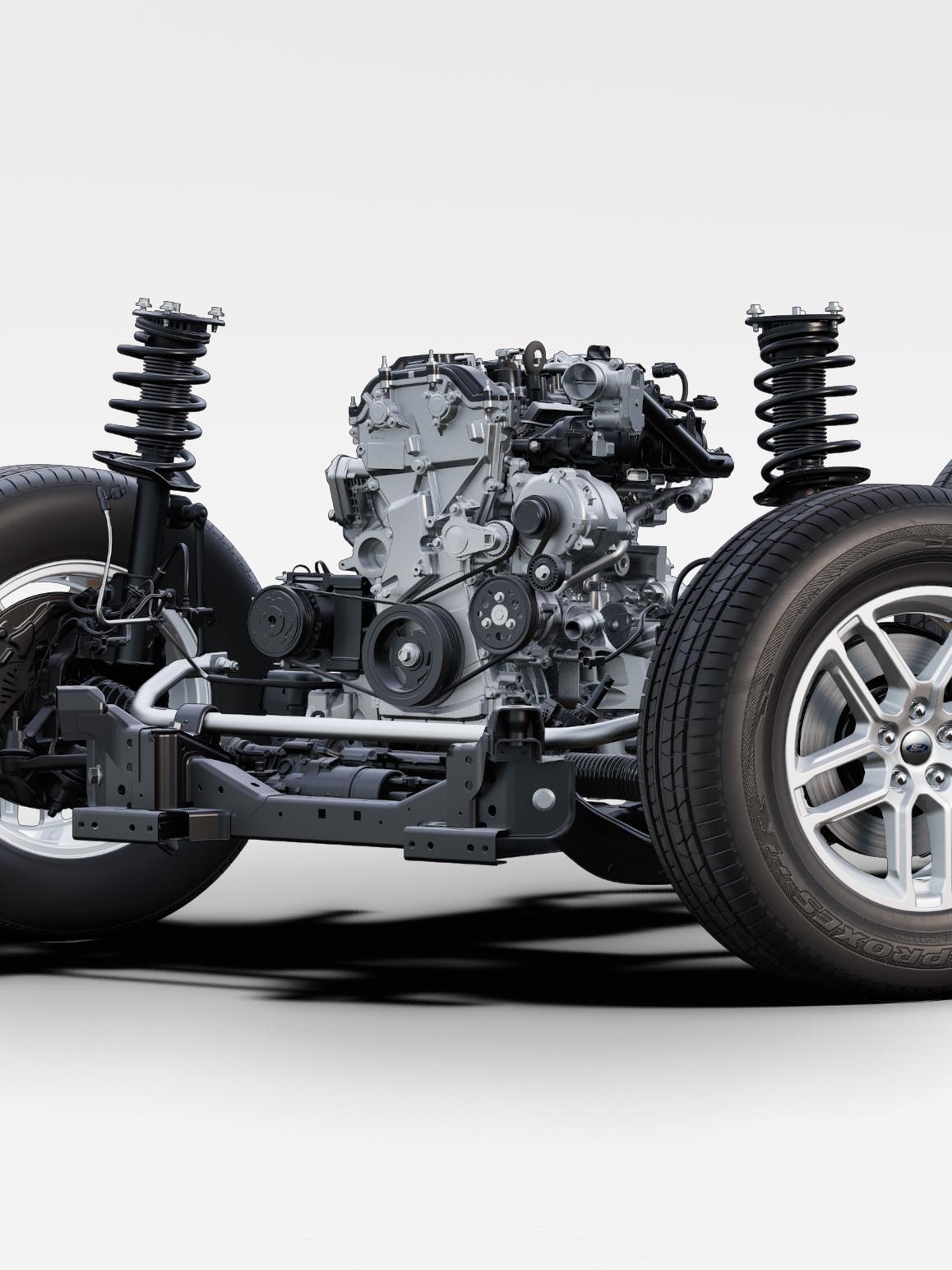 A cutaway showing the 2.3-litre EcoBoost® I-4 engine on a 2027 Ford Explorer® Active chassis