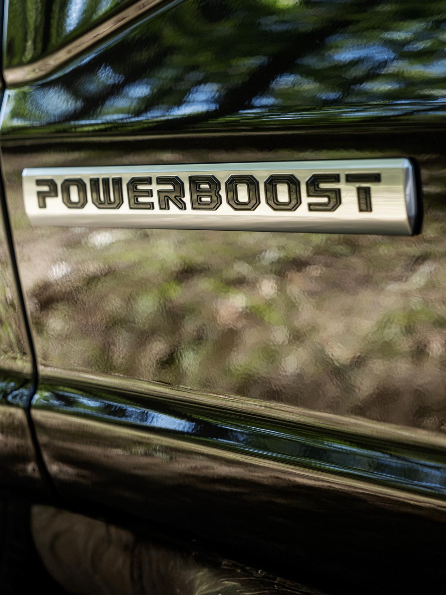 Close-up of a Powerboost badge on a Ford truck.